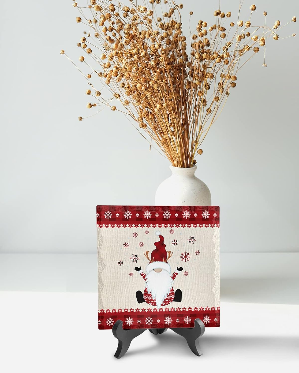 Wooden Stand Desk Plaque with Ceramic Design Christmas Decor for Office and Home