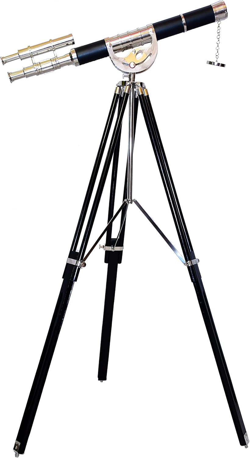 Floor Standing Vintage Brass Telescope Maritime Decor Double Barrel Tripod Stand