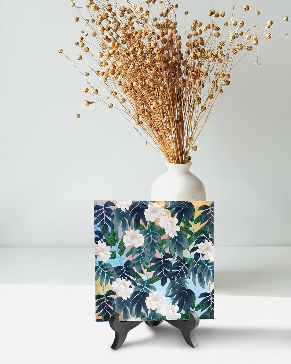 Colorful Leaf Design Desk Decor Ceramics Plaque with Wooden Stand