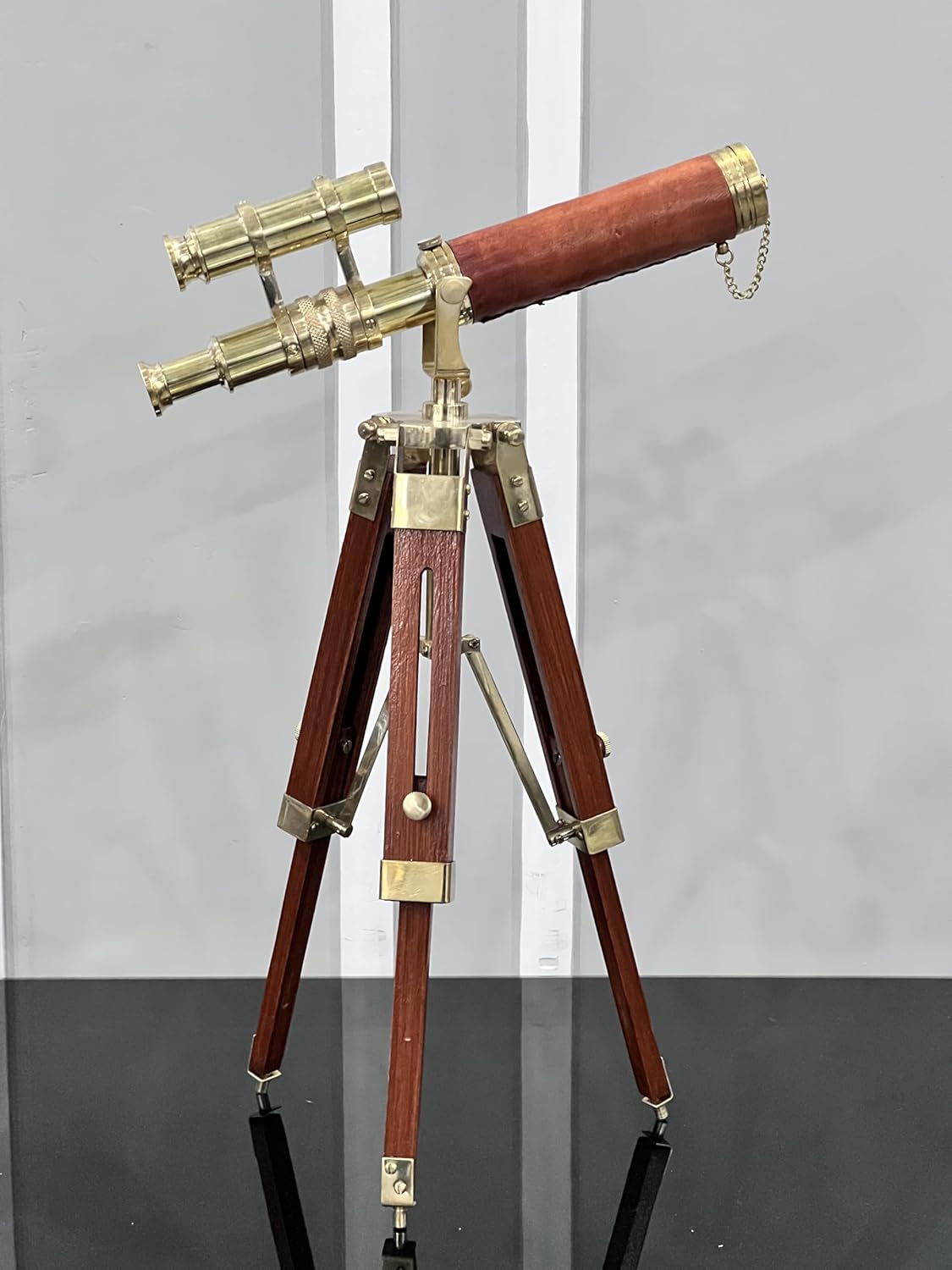 Vintage Double Barrel Brass Telescope with Wooden Tripod