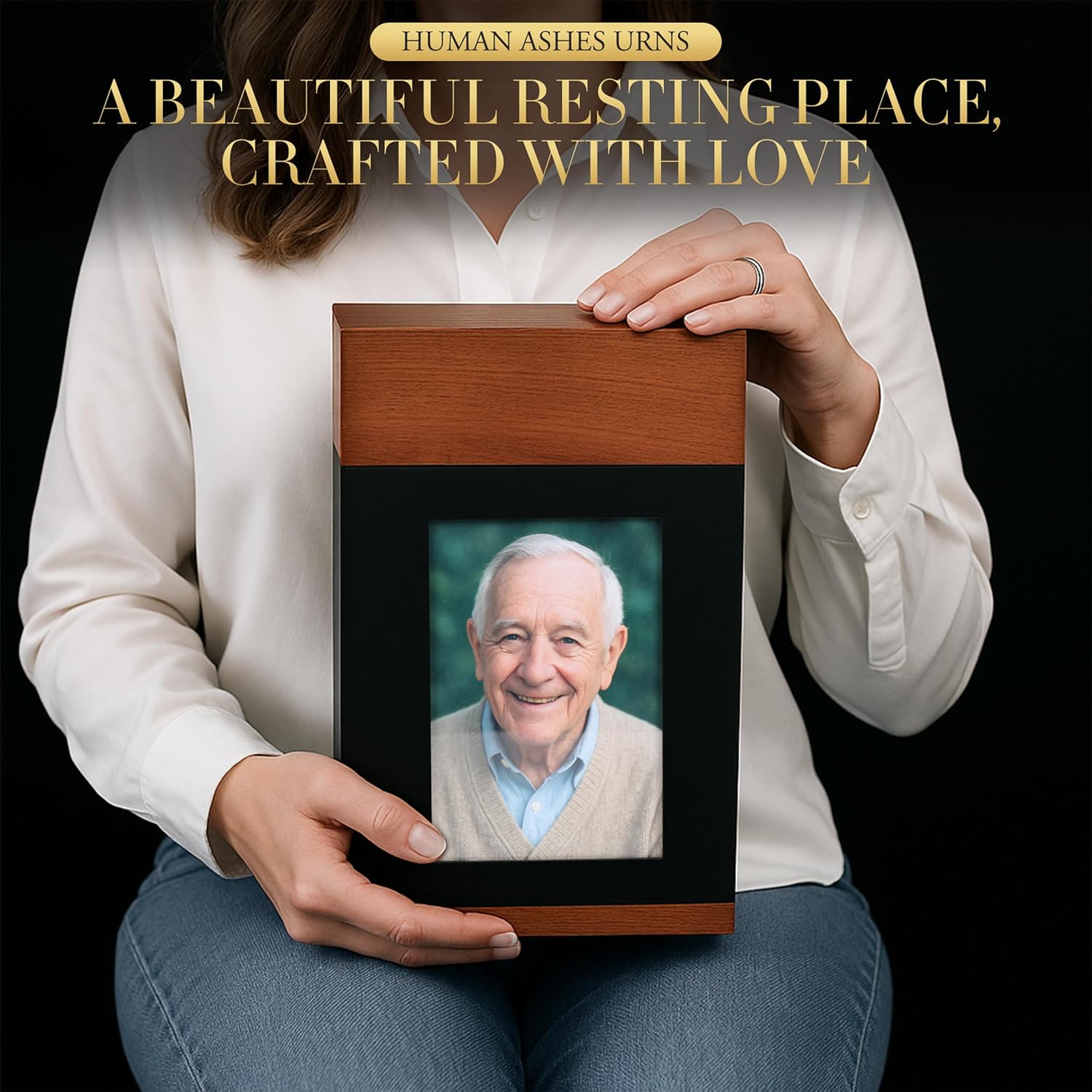 EKING ELITE Wooden Urn for Human Ashes - Handcrafted Memorial Box with Photo Frame - Large Capacity 270 lbs Urn