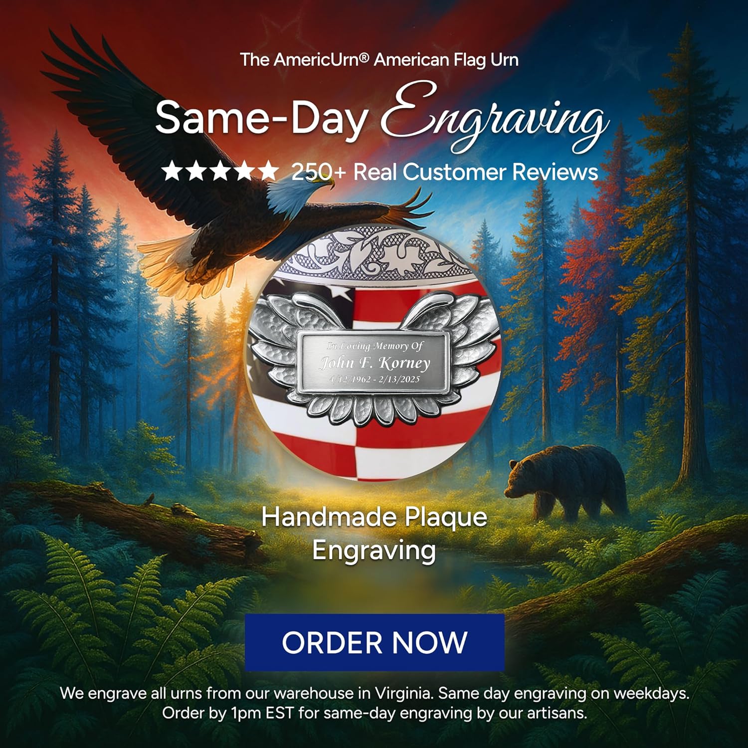 Set of 6 Decorative Urns for Ashes with American Flag and Eagle Decor