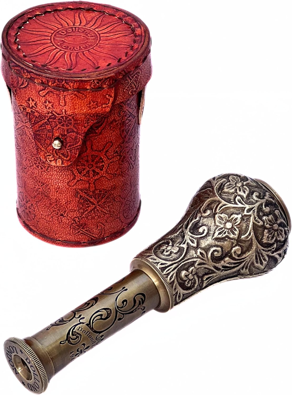 Marine Brass Telescope with Orange Leather Case Functional Pirate Spyglass for Travel and Vintage Decor