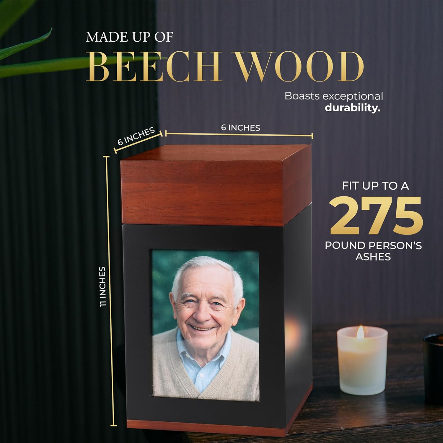 EKING ELITE Wooden Urn for Human Ashes - Handcrafted Memorial Box with Photo Frame - Large Capacity 270 lbs Urn