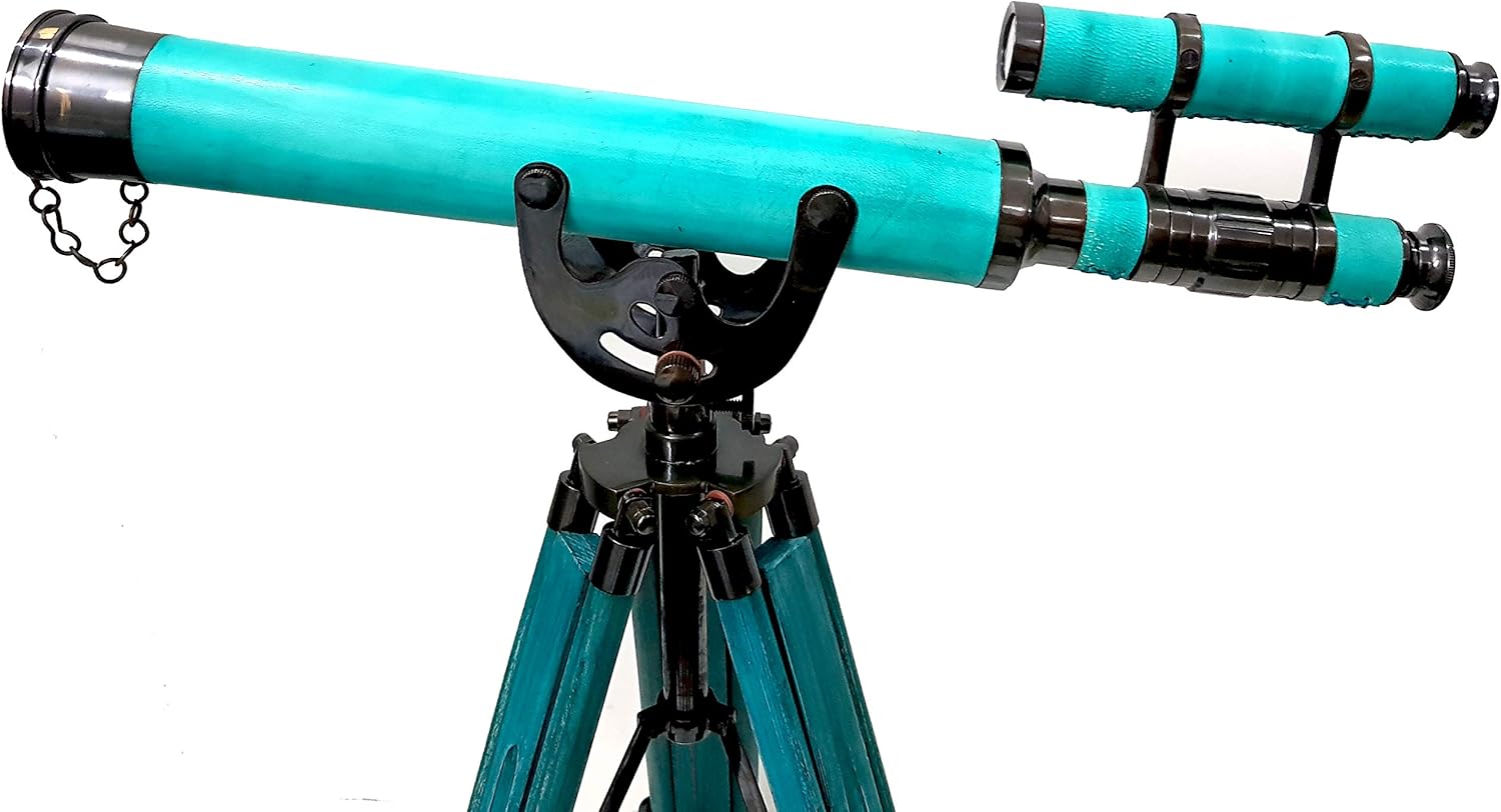 Brass Nautical Double Barrel Green Tripod Telescope for Home Decor