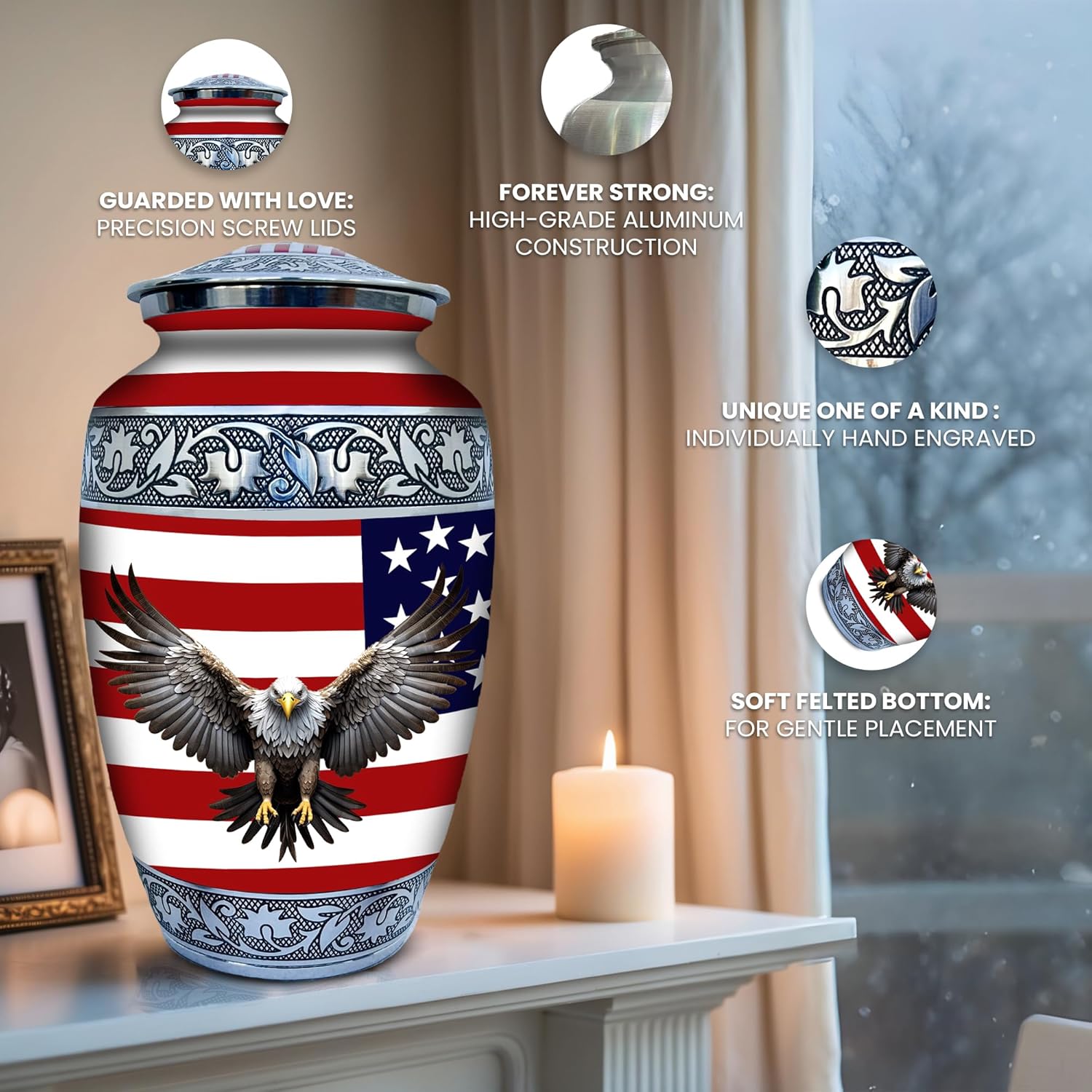 Set of 6 Decorative Urns for Ashes with American Flag and Eagle Decor
