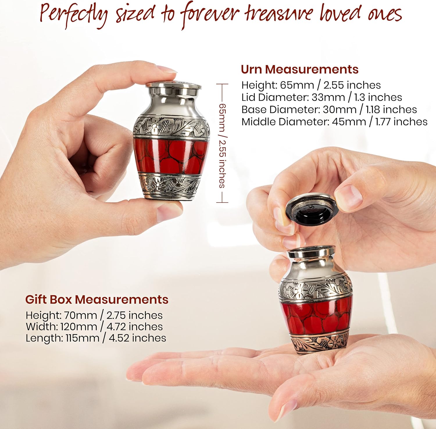 Small Keepsake Cremation Urn with Velvet Heart Case and Funnel - Deep Red Brass Hand Engraved Mini Memorial Urn