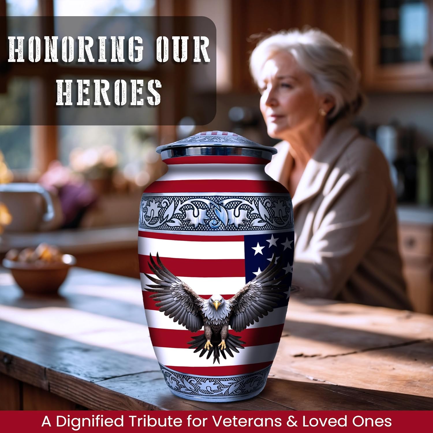 Set of 6 Decorative Urns for Ashes with American Flag and Eagle Decor