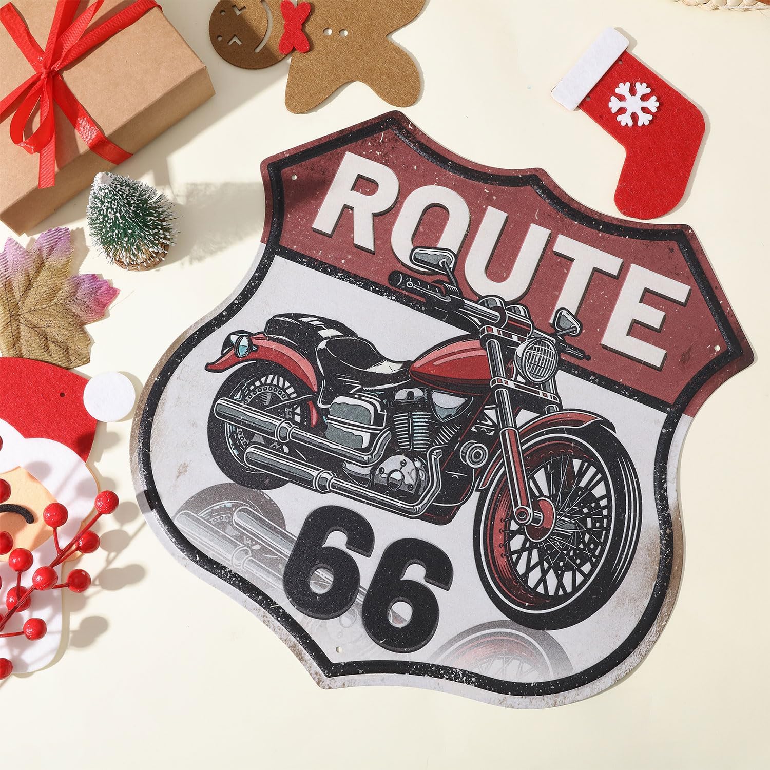 GLOBLELAND Vintage Motorcycle Tin Sign Route 66 Shield Wall Decor
