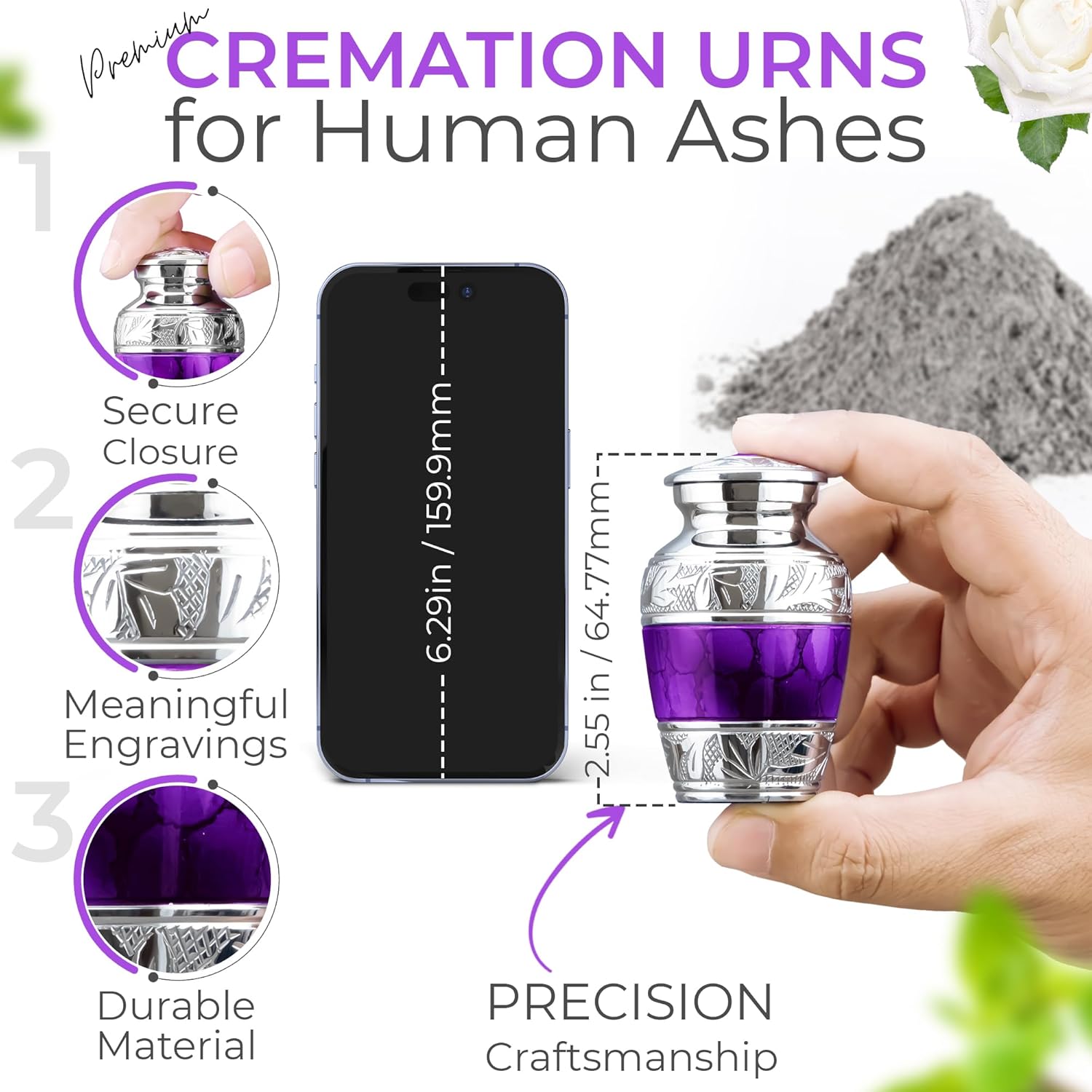 INTAJ Small Urns for Human Ashes - Brass Engraved Mini Urn with Velvet Heart Case