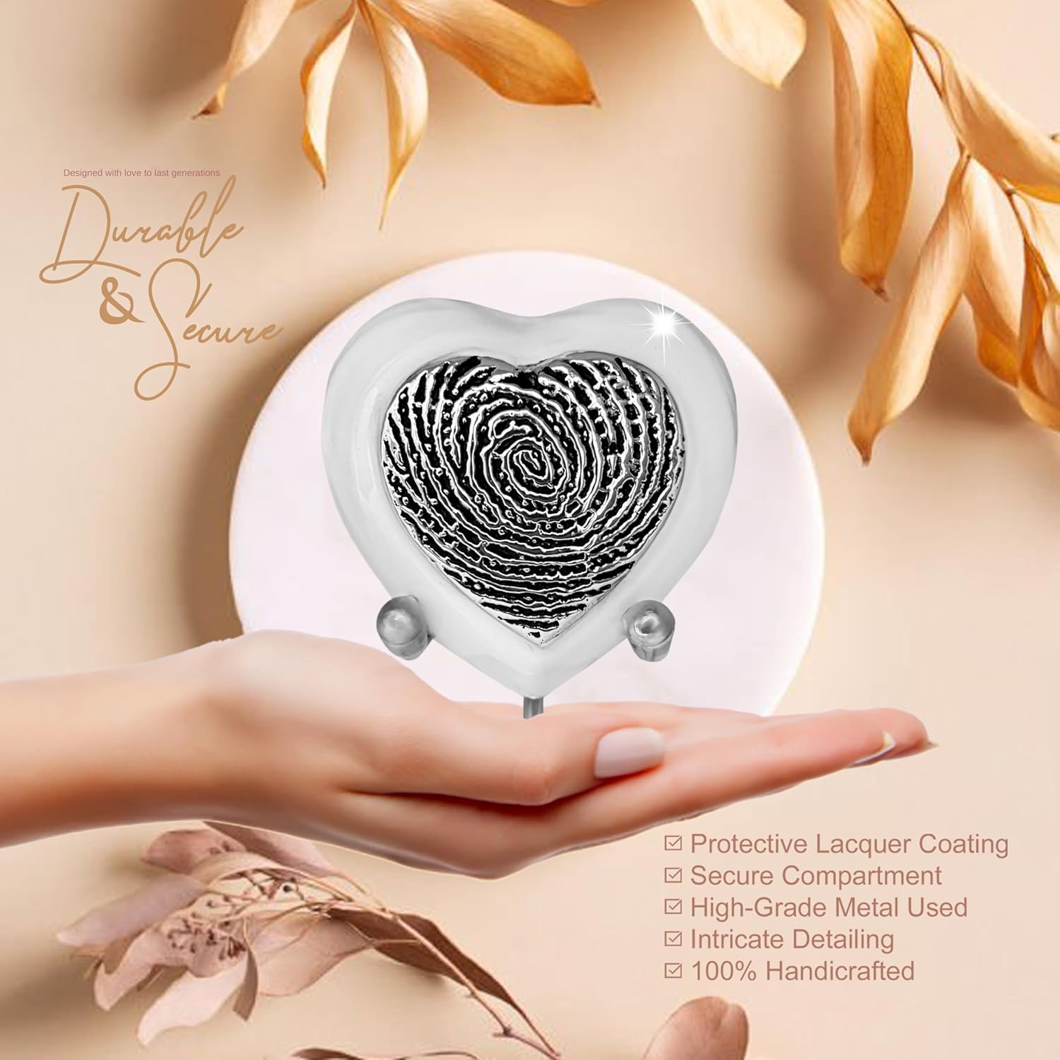 Heart Keepsake Cremation Urn Handcrafted Brass Mini Urn with Gold Stand and Velvet Box