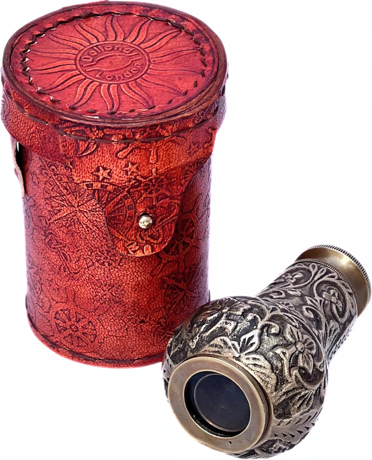 Marine Brass Telescope with Orange Leather Case Functional Pirate Spyglass for Travel and Vintage Decor