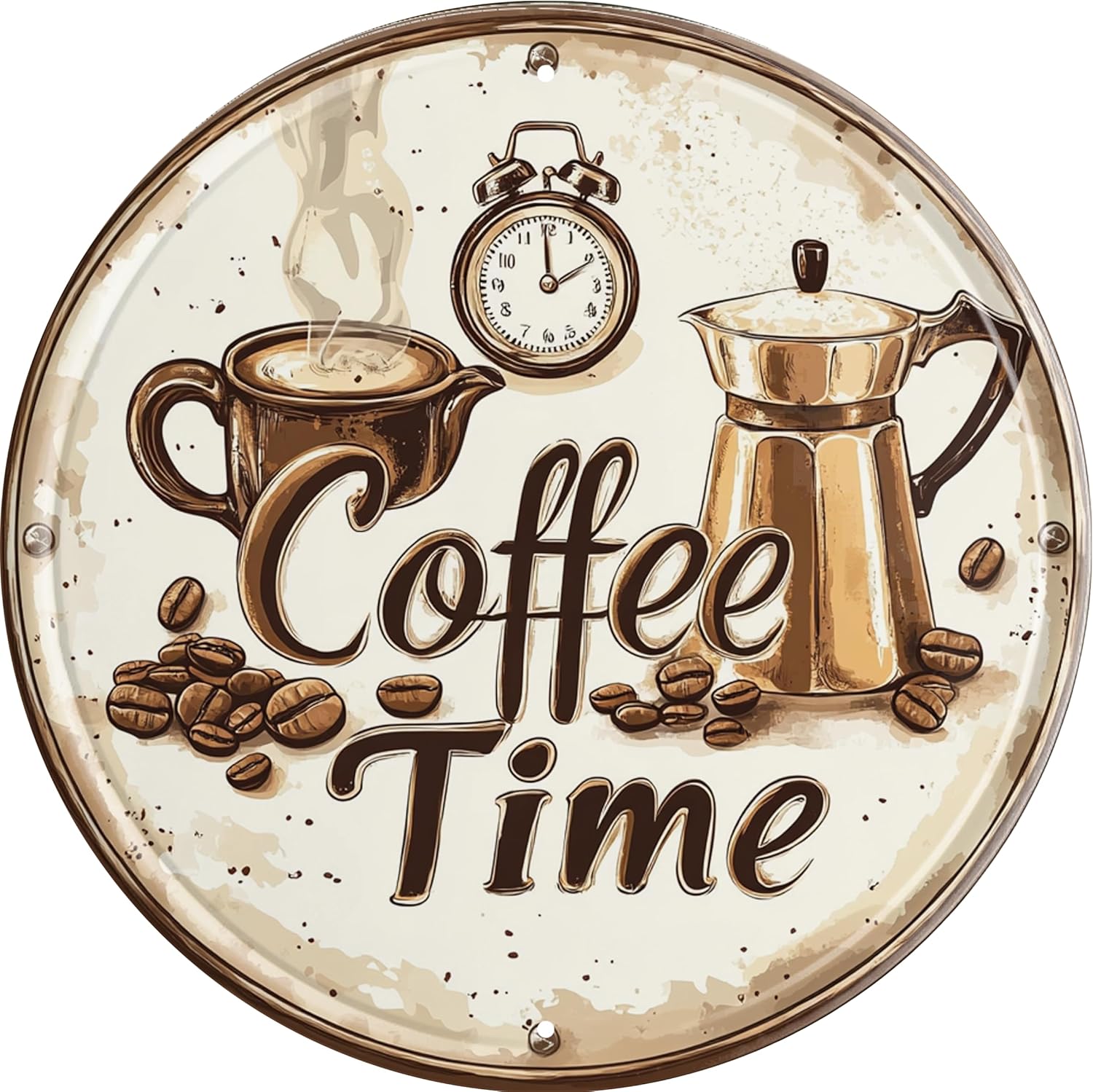 Vintage Round Tin Coffee Time Sign Retro Metal Wall Decor 8x8 Inch