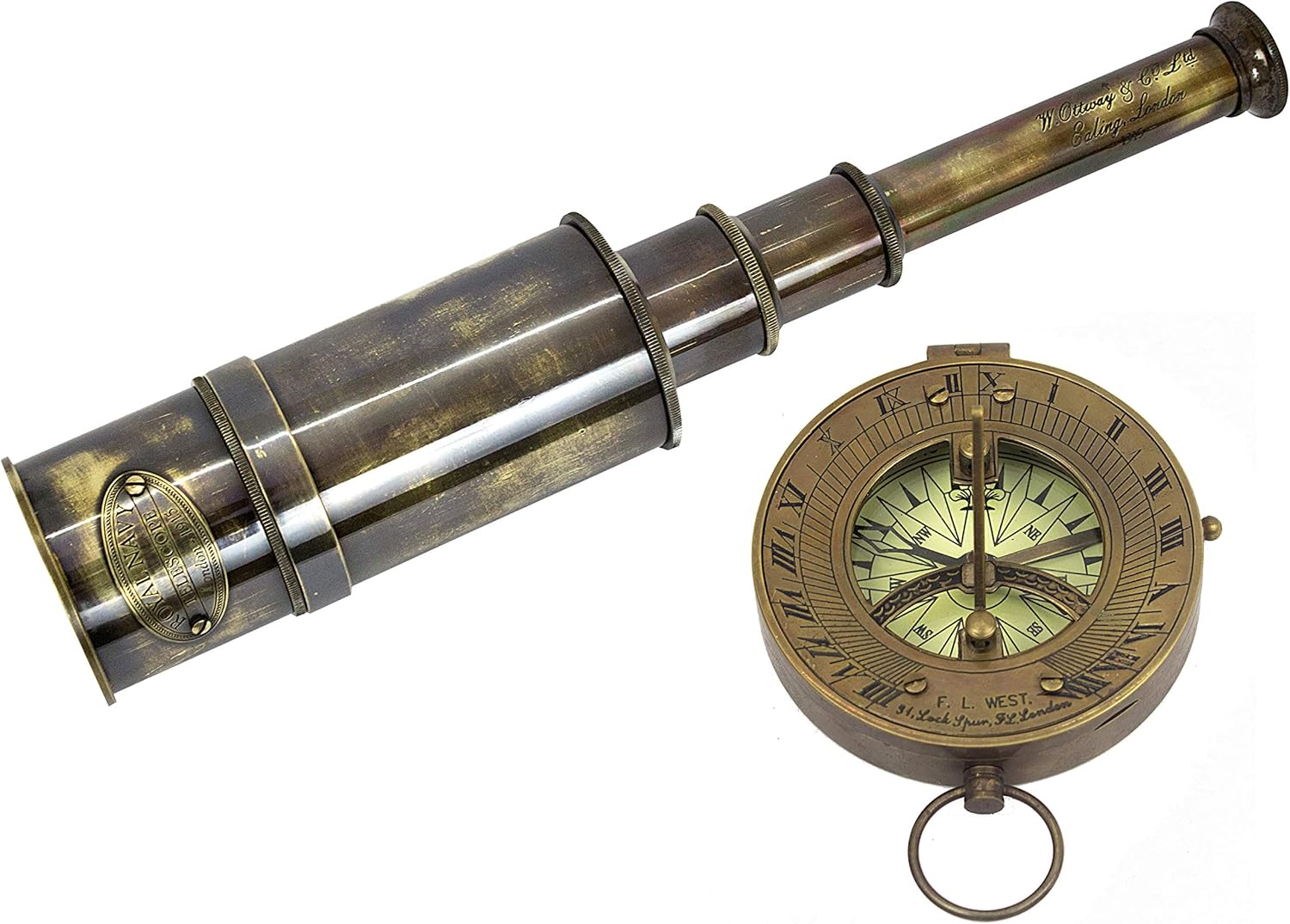 Antique Brass Telescope Nautical Decor 1915 Vintage Compass Set