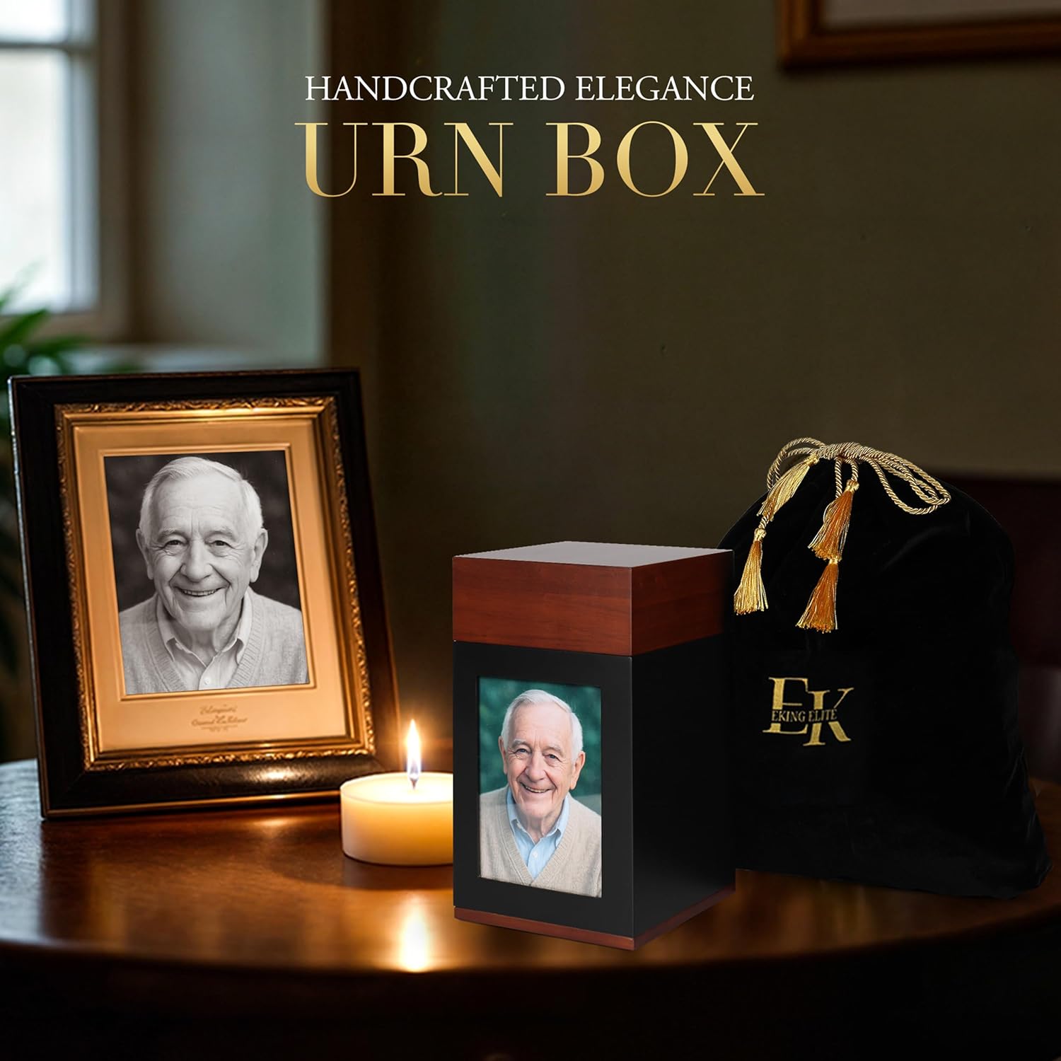 EKING ELITE Wooden Urn for Human Ashes - Handcrafted Memorial Box with Photo Frame - Large Capacity 270 lbs Urn
