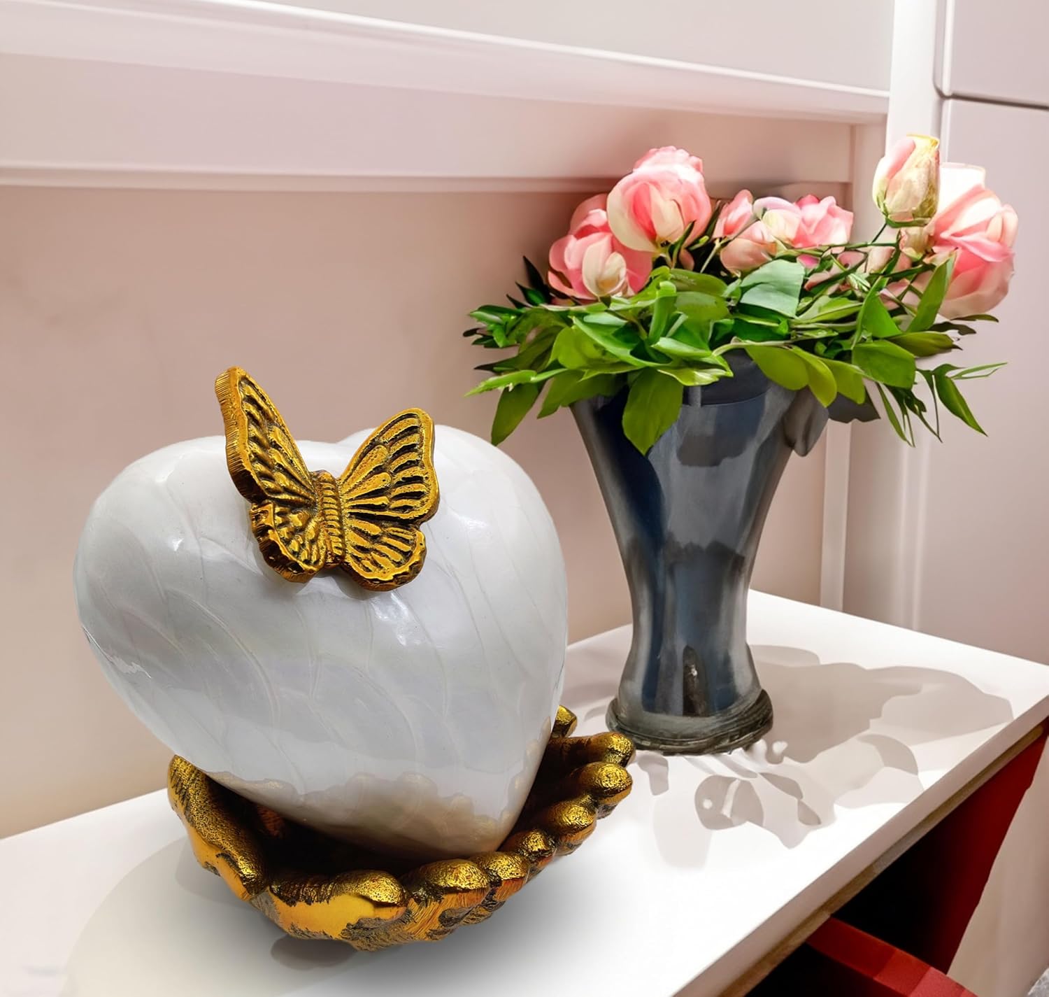 5MOONSUN5 White Gold Heart Keepsake Urn - Large Heart Cremation Urn with Hand Shape Stand