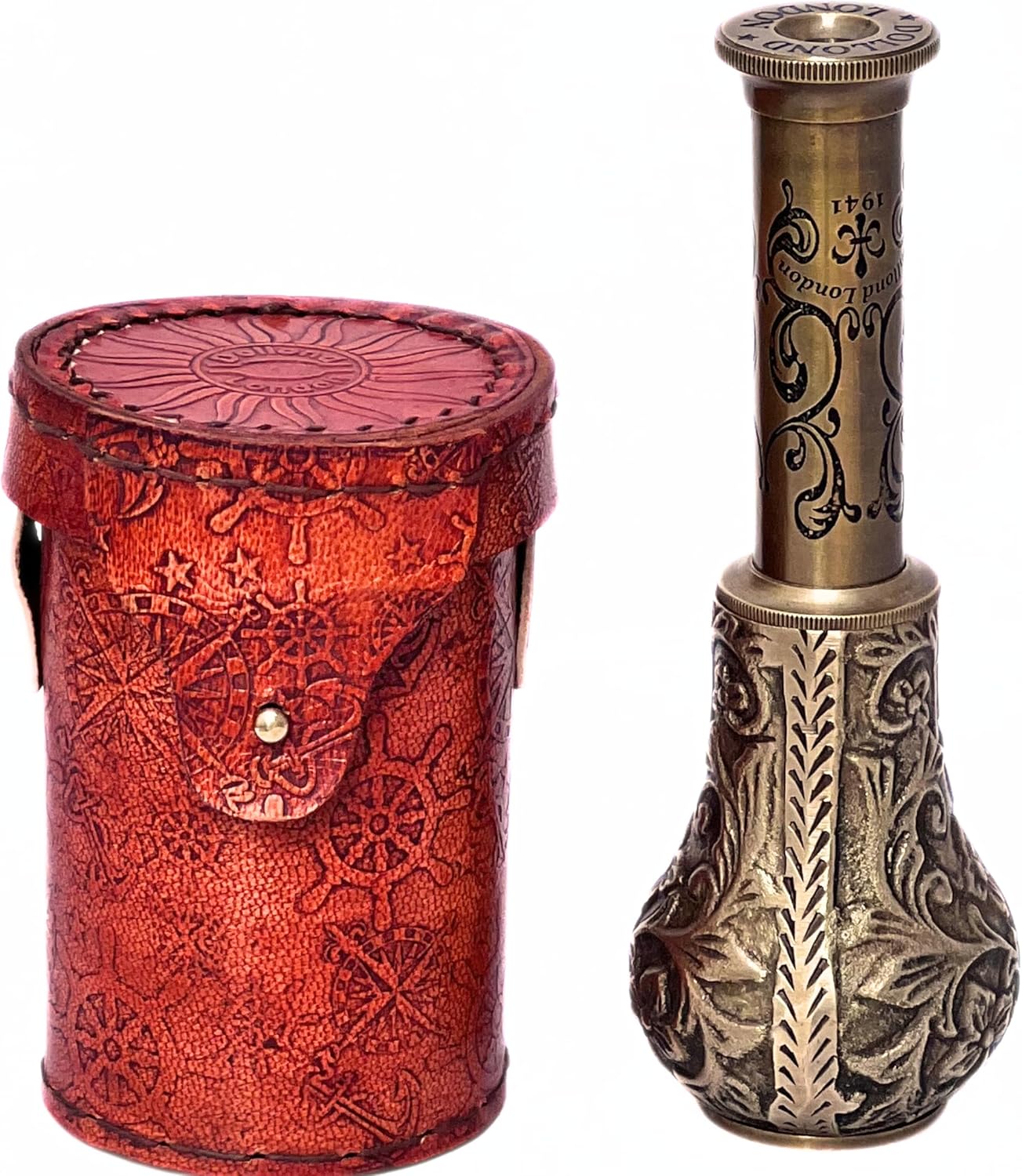 Marine Brass Telescope with Orange Leather Case Functional Pirate Spyglass for Travel and Vintage Decor