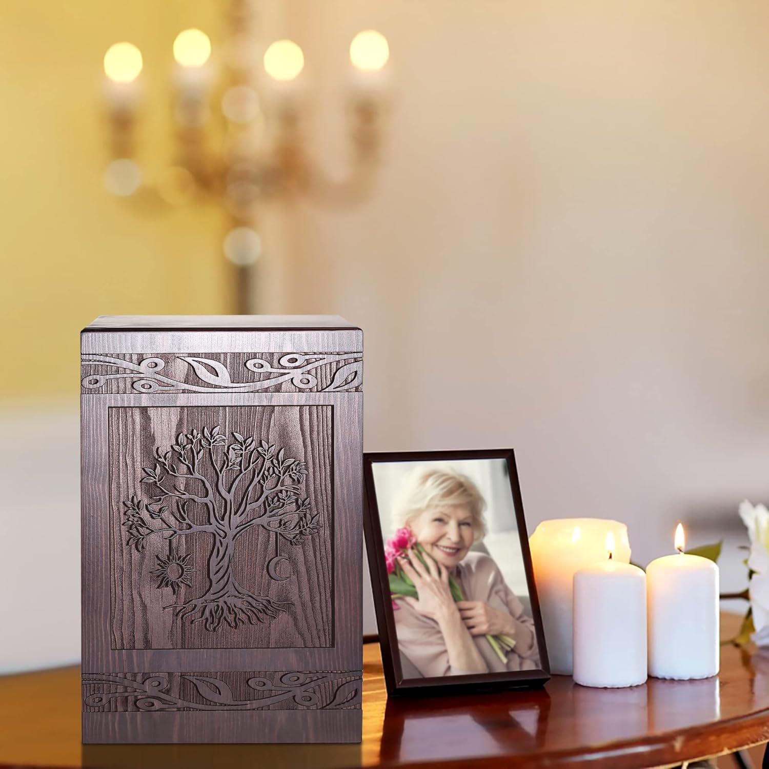 Tree of Life Wooden Cremation Urn for Human Ashes 222 Cubic Inch Capacity
