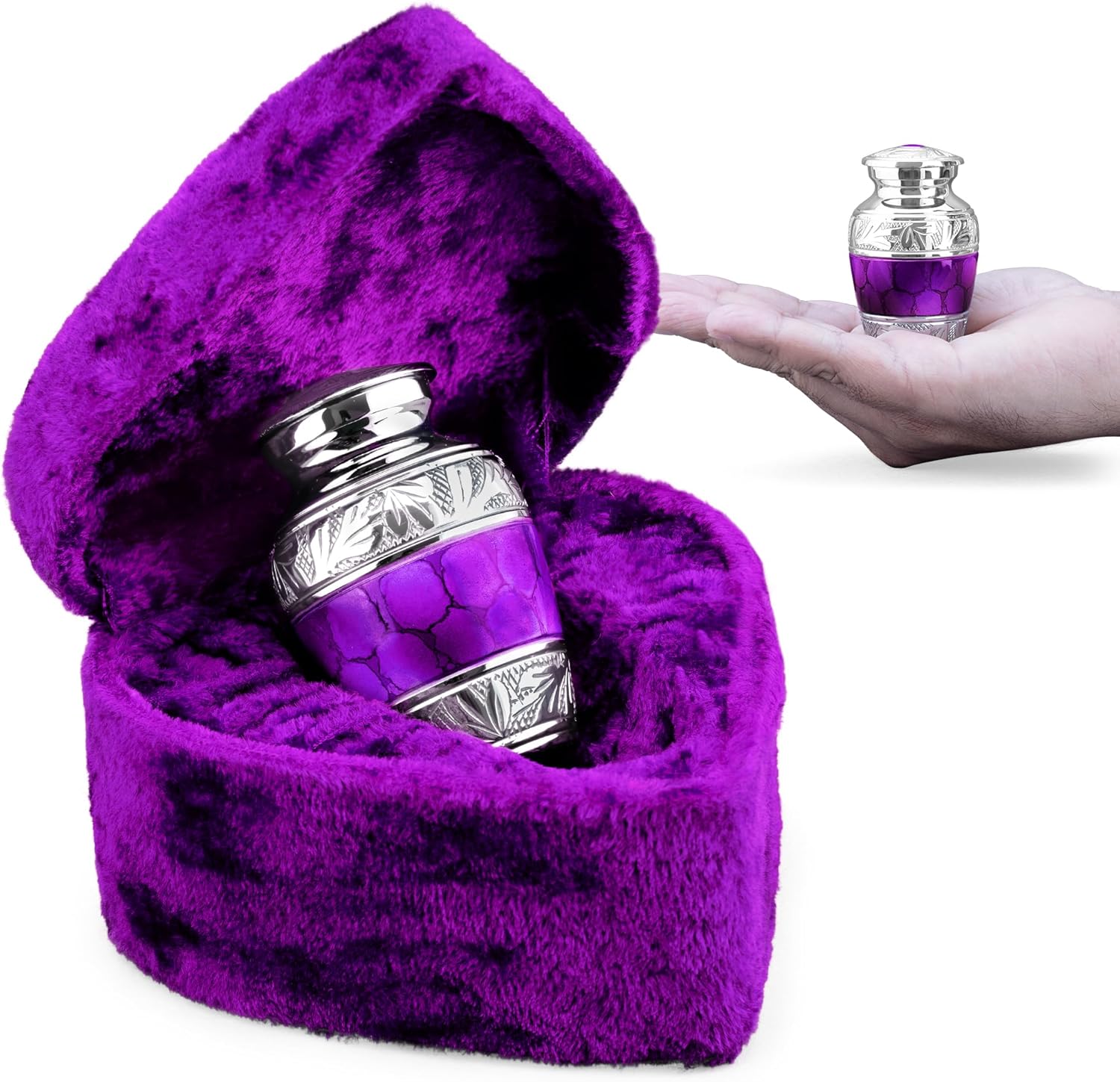 INTAJ Small Urns for Human Ashes - Brass Engraved Mini Urn with Velvet Heart Case
