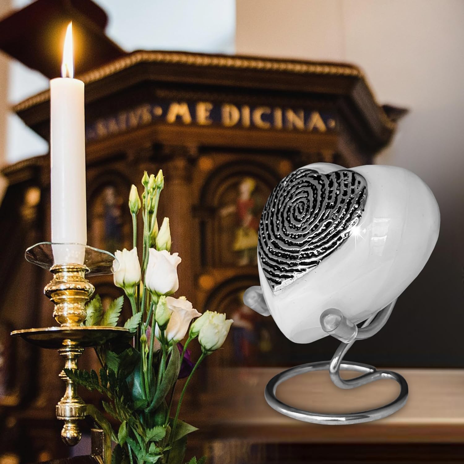 Heart Keepsake Cremation Urn Handcrafted Brass Mini Urn with Gold Stand and Velvet Box