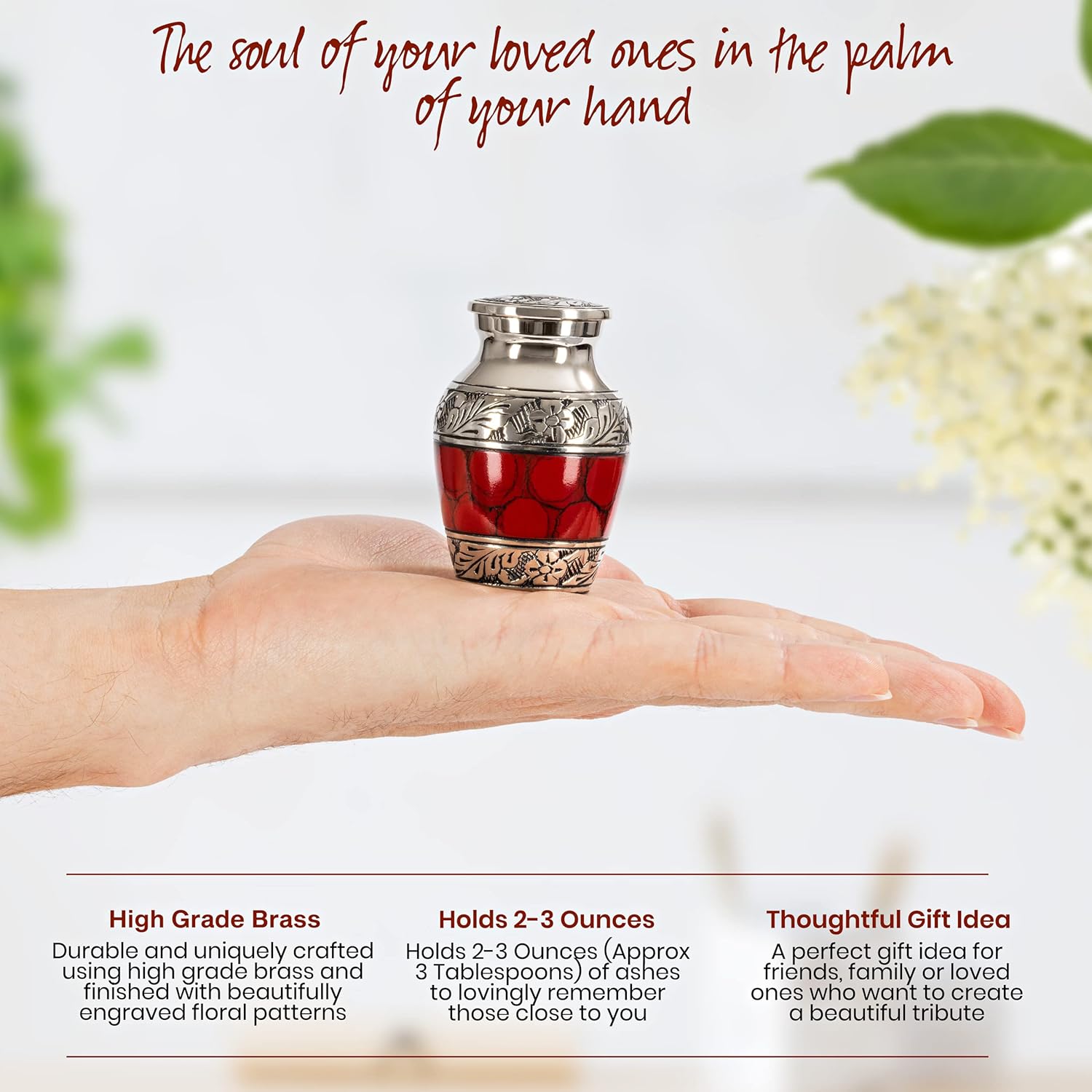Small Keepsake Cremation Urn with Velvet Heart Case and Funnel - Deep Red Brass Hand Engraved Mini Memorial Urn