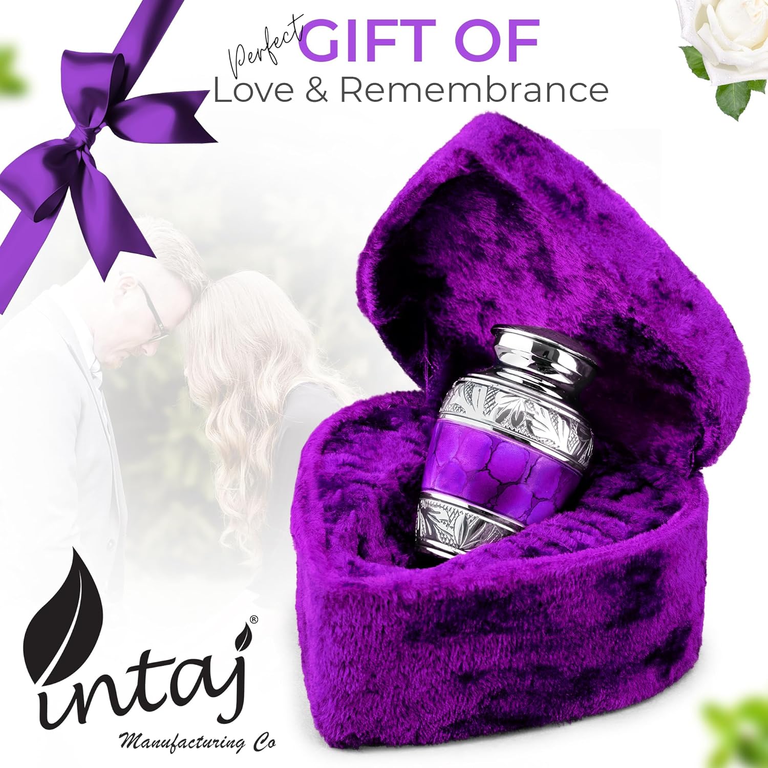 INTAJ Small Urns for Human Ashes - Brass Engraved Mini Urn with Velvet Heart Case
