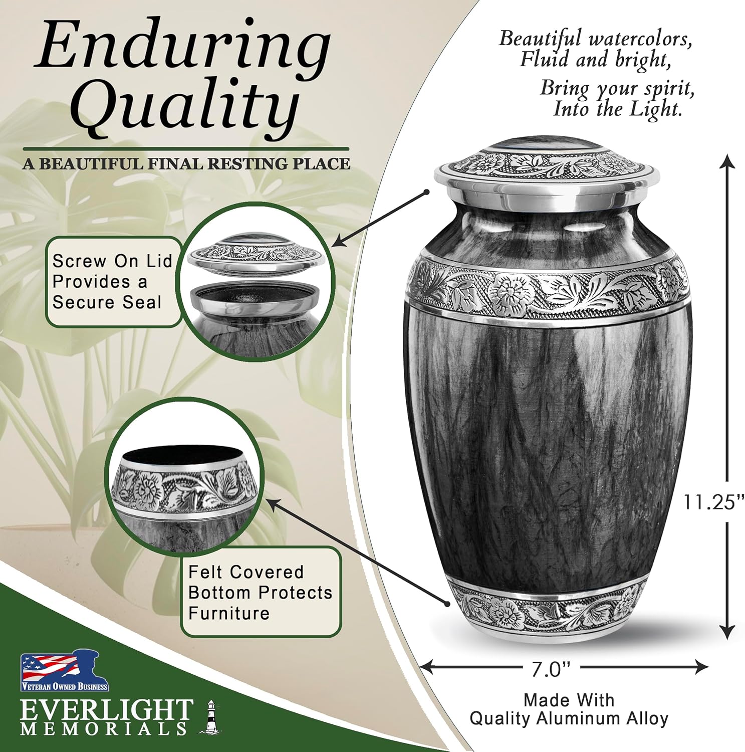 Black Watercolor Urn for Adult Human Ashes Large Memorial Cremation Urn