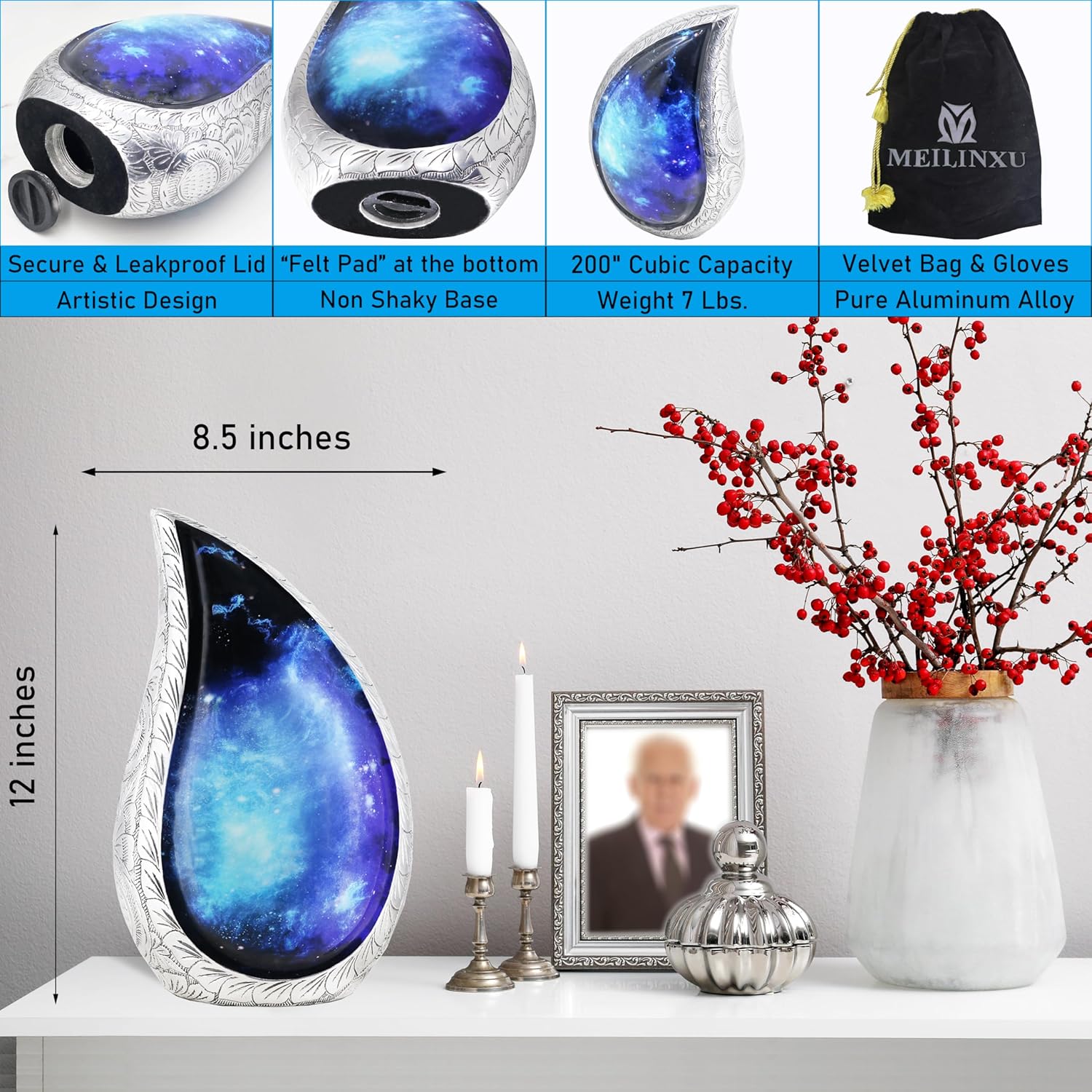 M Meilin Xu Cremation Urn Cosmic Galaxy Black Blue Teardrop Design Adult Size