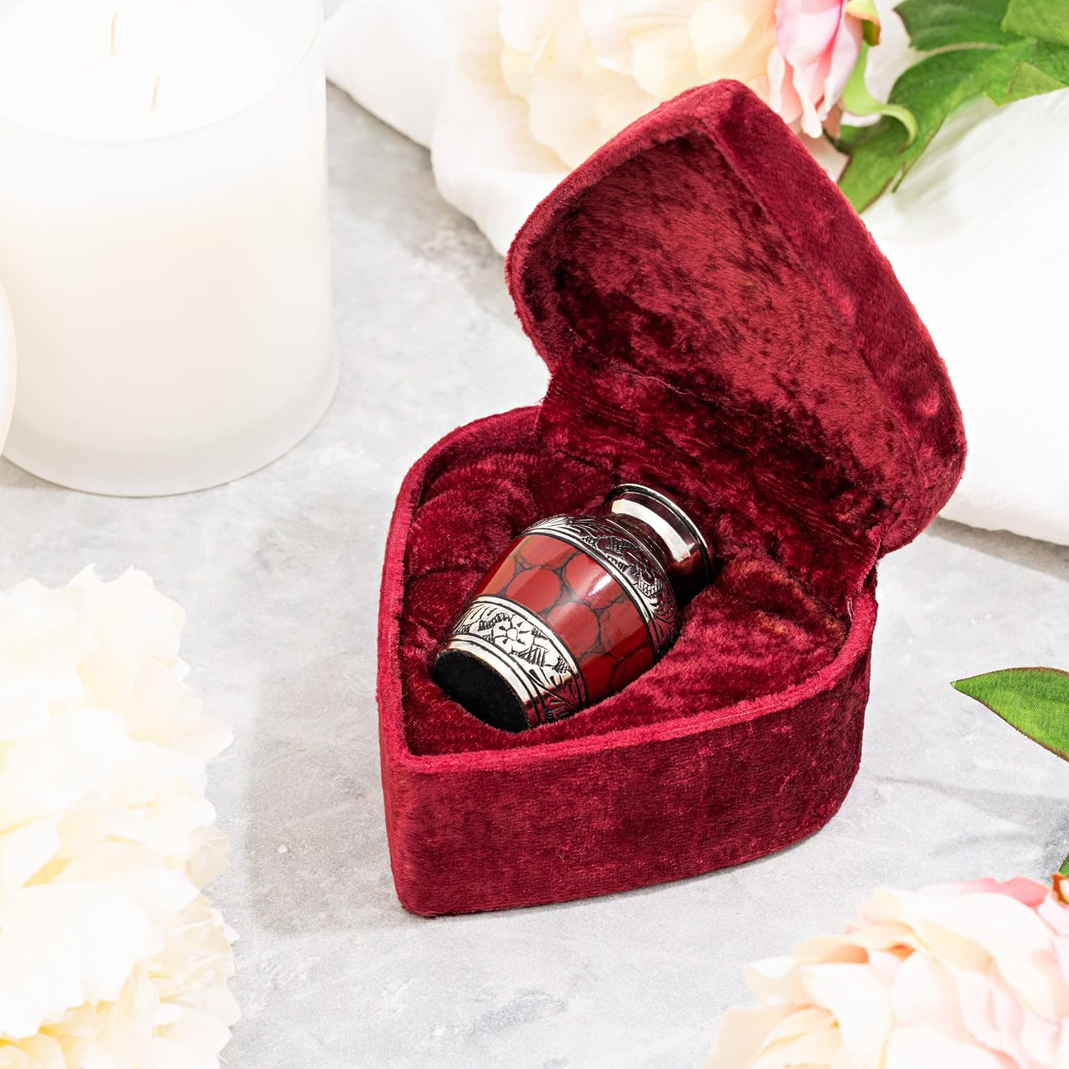 Small Keepsake Cremation Urn with Velvet Heart Case and Funnel - Deep Red Brass Hand Engraved Mini Memorial Urn