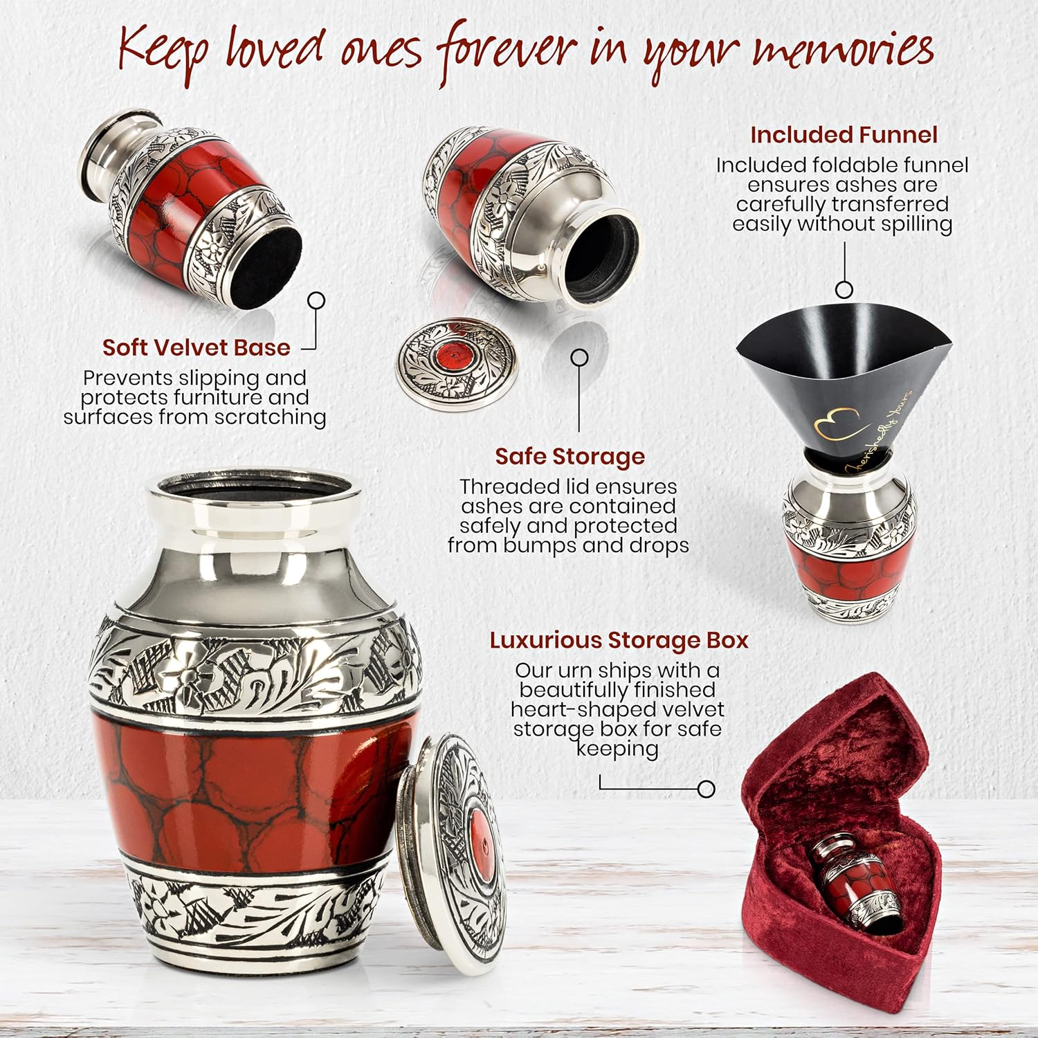Small Keepsake Cremation Urn with Velvet Heart Case and Funnel - Deep Red Brass Hand Engraved Mini Memorial Urn
