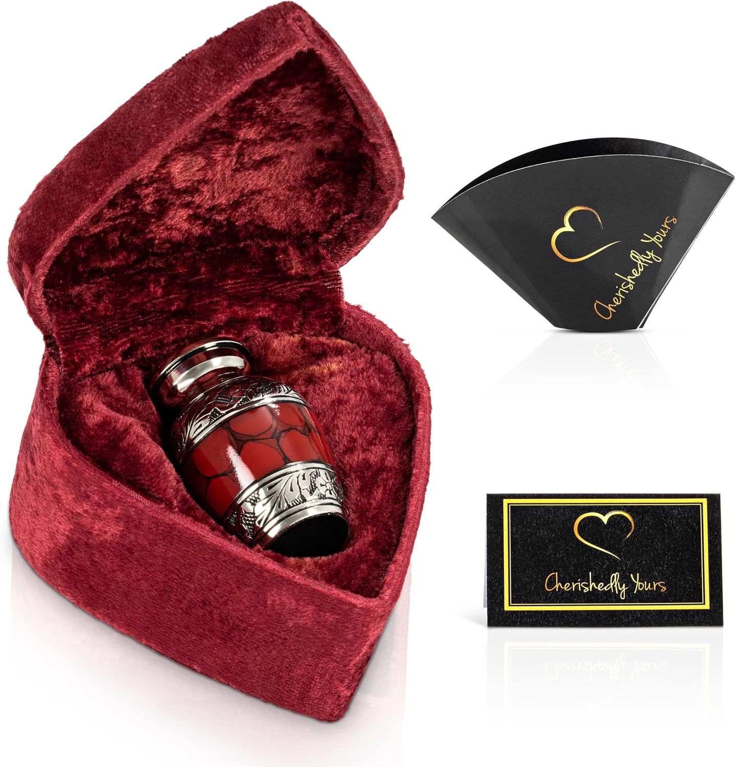Small Keepsake Cremation Urn with Velvet Heart Case and Funnel - Deep Red Brass Hand Engraved Mini Memorial Urn