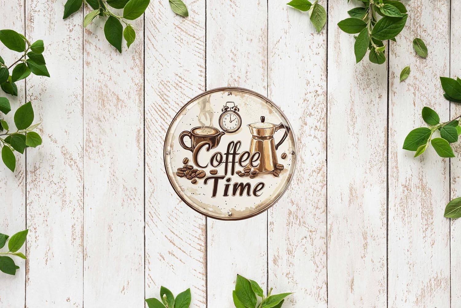 Vintage Round Tin Coffee Time Sign Retro Metal Wall Decor 8x8 Inch